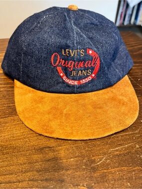 Vintage Levis Hat  Blue Denim Brown Suede Leather Bill Strapback Cap